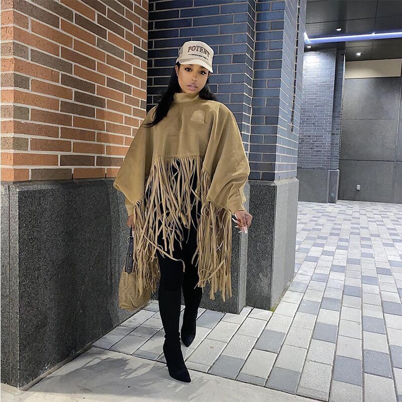 Billlnai Turtleneck Tassel Batwing Sleeve Winter Cloak Women Pullover Poncho Capes  Clothes D35-CH65