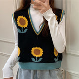 Women Sweater Knitted Korean Fashion Sunflower Jacquard Long Sleeve Cropped Sweater Preppy Style Kawaii O-neck Female Vest