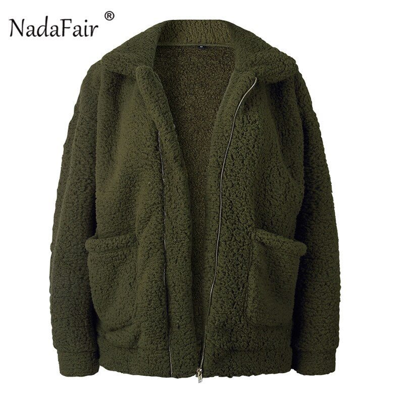 Christmas Gift Nadafair Teddy Coat Women Fluffy Jacket Autumn Zipper Plush Thick Casual Plus Size Lamb Winter Faux Fur Coat Female Overcoat