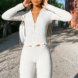 Tossy Skinny Ribbed Knit Jumpsuit Women Casual Two Piece Set Tracksuits Outwear New White V-Neck High Waist Bodycon Overalls