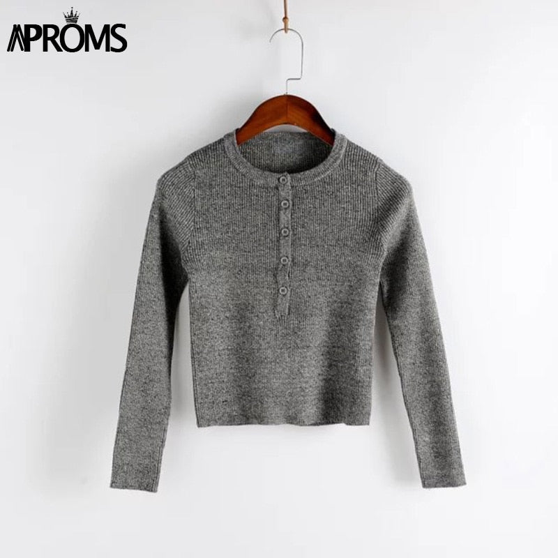Aproms Strentch Knitted Short Pullovers Sweater Winter Long Sleeve Slim Crop Top Streetwear Buttons Warm Knitwear Jumper 2023