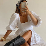 Cryptographic White Sexy Backless Lace Up Mini Dresses Puff Sleeve Sweet Dress Summer Holiday Sundress Elegant Dress Clothes