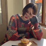 2023 Winter Vintage Knit Female Pullovers Oversize Long Sleeve Patchwork Women Sweater Korean Loose Woman Sweaters Clothing