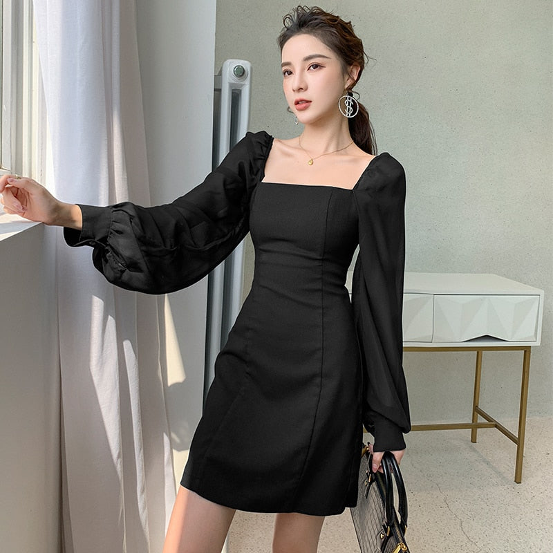 Billlnai Office Black Long Sleeve Dress Women 2023 Autumn New Style Fitness Mini Dress Ladies Square Neck Backless Dresses