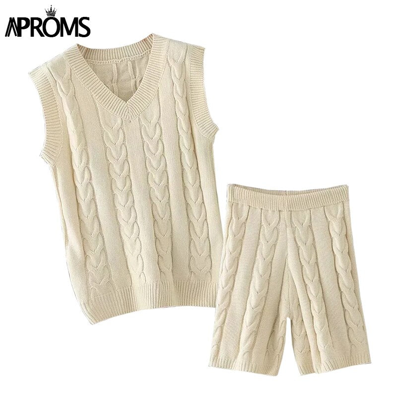 Aproms Elegant 2 Piece Set Knitted Thick Vest and Shorts Women 2023 Winter Streetwear Oversized Sweater Pullovers Female Suits