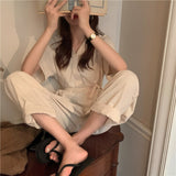 Summer Short Sleeve Jumpsuit Women Korean Fashion One Piece Outfits Loose Overalls V-neck Wide Leg Pant Romper Combinaison Femme