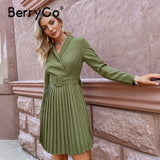 BerryGo Elegant A-line blazer pleated dress office lady Long sleeve V-neck belt blazer dress women Casual female vestidos 2023