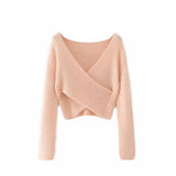 Aproms Pink Fluffy Knitted Sweater Women Autumn Winter V-neck Wrap Front Basic Cropped Pullovers Fashion Outerwear Jumper 2023