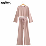 Aproms White Black Knitted Women's 2 Piece Suits Casual Flare Sleeve Cropped Top and Pants Set Female High Waist Homesuits 2023