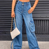 Christmas Gift Y2K Straight Cargo Jeans Wrap Button Retro Denim Pants Ruched Drawstring Women Denim Trousers Street Indie Aesthetic Jean