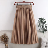 Billlnai 2023 New High Waist Women's Pleated Skirts with Belted Spring Summer Minimalism Elegant Office Female Mi-long Skirt Saia