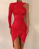 Thanksgiving Day Gifts 2023 New Year Red Party Dress Glitter One Shoulder Asymmetrical Ruched Mini Bodycon Dress Long Sleeve Sequins Sexy Corset Robes