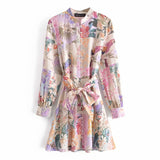 Fashion Floral Print Mini Dresses For Women 2023 Vintage Long Sleeve With Button Belt Party Shirt Dress Spring Vestidos