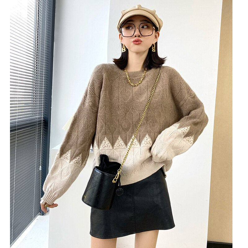 Loose Lazy Style Hit The Color Pullover Women's Winter 2023 New Korean Knit Tops O-Neck Long Sleeves Sweater Knitting pull femme