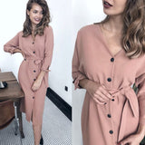 Women Vintage Back Button Sashes A-line Party Dress Long Sleeve Sexy V necK Solid Casual Elegant Mid Dress 2019 Winter New Dress