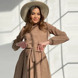 Churses Casual O-Neck Belt Folds Knee Dress Autumn Long Sleeve Corduroy Loose Warm Office Lady A-Line Dresses For Women 2023