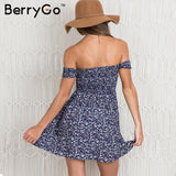 BerryGo Sexy off shoulder print summer dress Vintage high waist beach dress 2018 Elegant fit and flare short girls dresses women
