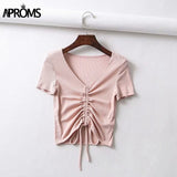 Aproms Sexy V Neck Cropped Tank Tops Women Drawstring Tie Up Front Camis Candy Colors Streetwear Slim Fit Ribbed Crop Top 2023
