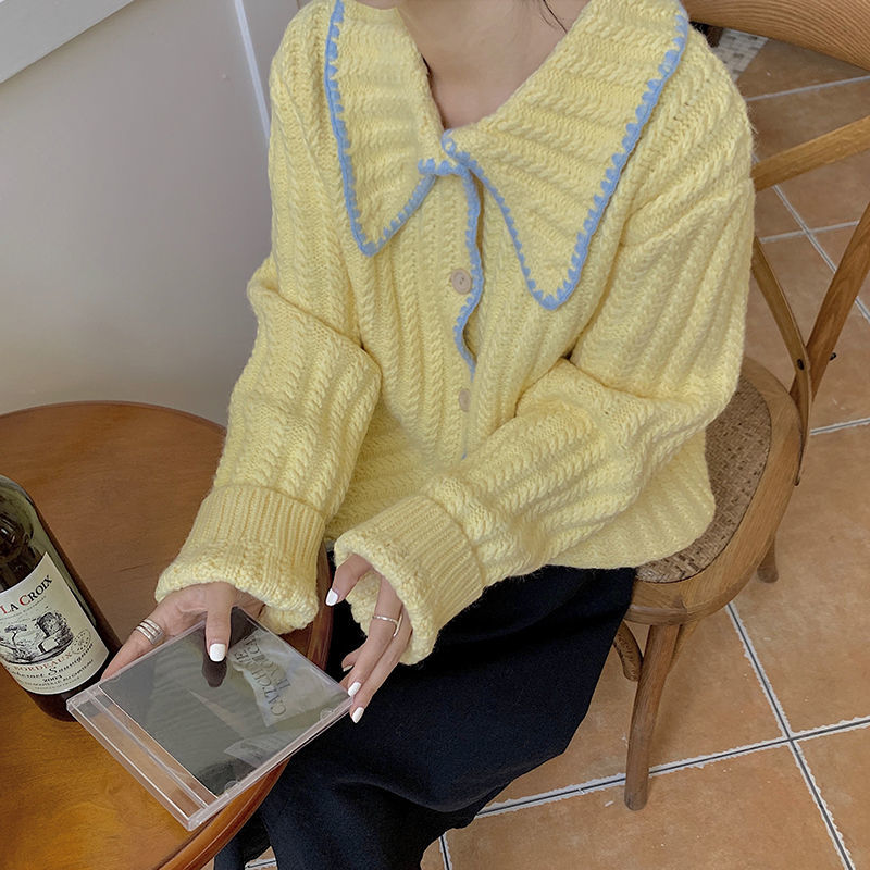 Korobov Korean Sweet Hit Color Patchwork Women Cardigans Japanese Style Cute Knit Cardigan Turn-Down Collar Long Sleeve Sweaters