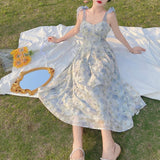 Billlnai Elegant Long Flower Strap Dress Women Vintage Sweet Print Korean Slip Fairy Dress Casual Calssy Party Princess Dress Summer 2023