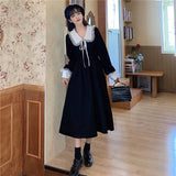 Billlnai  2023  Vintage Dress Women Sweet Lace Peter Pan Collar French Elegant Long Sleeve Lace-Up Fairy One Piece Dress Korean