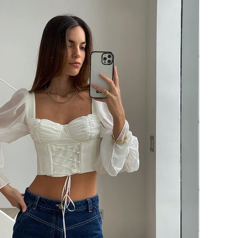 Cryptographic White Long Sleeve Women Tops and Bloues Women Fashion Autumn Club Party Square Collar Chiffon Shirts Crop Tops