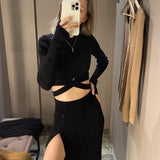 Christmas gifts Cotton Slim Fit Slit Dress Set 2 Piece Skirt Set Cropped Bandeau Women Knitted Suit 2023Single Breasted Autumn Winter Skirt Set