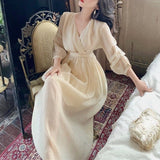 Billlnai  2023  Autumn Elegant Vintage Midi Dress Women Sweet Evening Party One Piece Dress Korean Casual Long Sleeve Pure Color Dress Lady