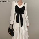 Billlnai Korean White Dress Suit Women 2023 Spring Autumn Elegant Corset Camisole + V-Neck Trumpet Dress Office Ladies