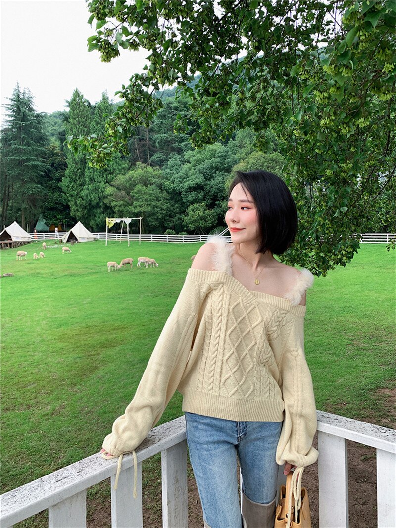 Off Shoulder Sweater Women Sexy Autumn Winter Soft Girl Drawstring Puff Sleeve Knit Sweater Ladies Fur Spaghetti Pullovers