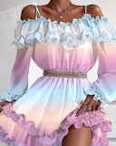 Cyber Monday Big Sales Fashion Cold Shoulder Ruffles Frill Hem Graphic Print Long Sleeve Fairy Flower Sundress Summer Women's Dress Femme Robe Longue