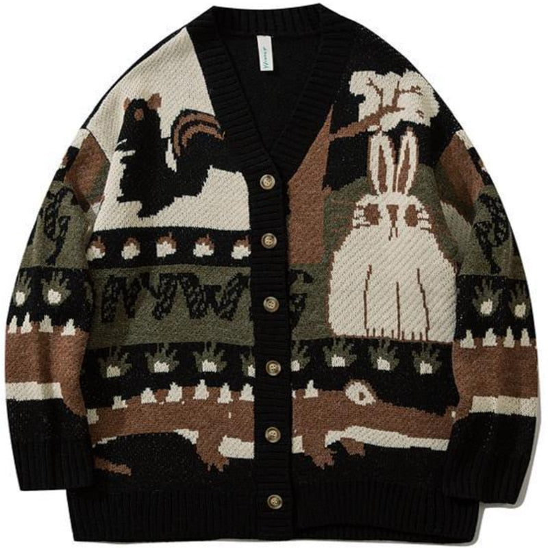 Vintage Cardigan Oversized Sweater New Japanese Harajuku Cartoon Knitted Sweater Pullover Hip Hop Streetwear Loose Knitwear Tops