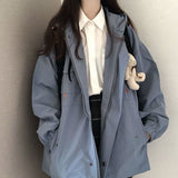 Billlnai Techwear Jacket Women Korean Loose Unisex Long-Sleeved Hooded Preppy Solid Color Jacket All-Match Casual Student Coat Streetwear
