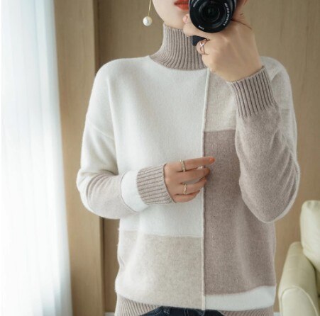 Billlani New Cashmere Sweater Women's High-Neck Color Matching 100% Pure Wool Pullover Fashion Plus Size Warm Knitted Bottoming Shir