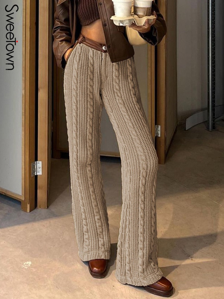 Billlnai  Harajuku Knit Warm Winter Woman Pants Contrast Waist Vintage Elegant Wide Leg Trousers Women Korean Fashion Sweatpants