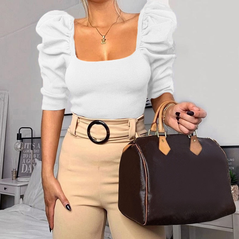 Vintage Puff Sleeve Women Blouse Square Neck Korean Style Tops Elegant Sexy White Black Slim Crop Blouse Women
