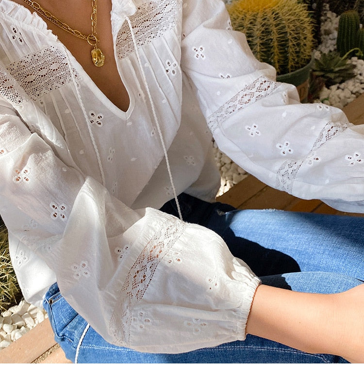 Jastie 2023 Spring Summer Ruffled Embroidery Blouses V-Neck Long-sleeve French Blouse V-neck Boho White Lady Shirts Blusas