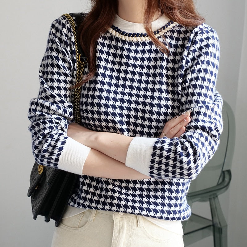 Women Geometric WOOL Knitted Sweater Casual Houndstooth Lady Pullover Sweater Female Autumn Winter Retro Jumper