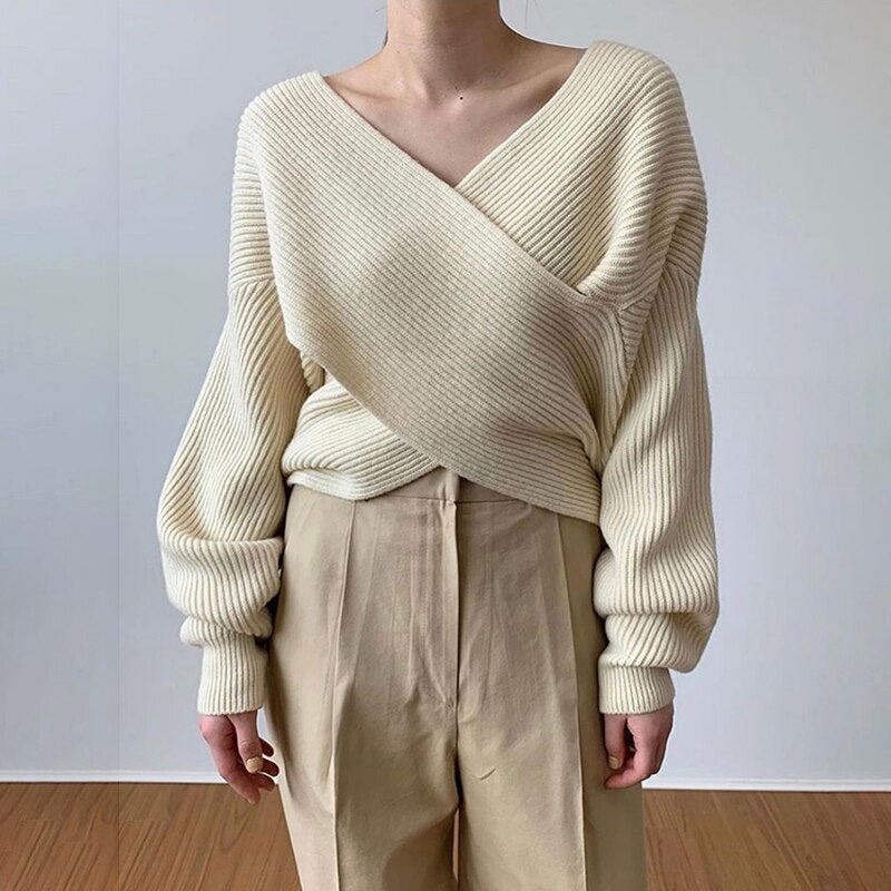 Billlnai Criss-Cross Sweater Khaki Fall 2023 Women Clothing Beige Korean Style Loose Pullovers Fashion Casual Raglan Sleeve Tops