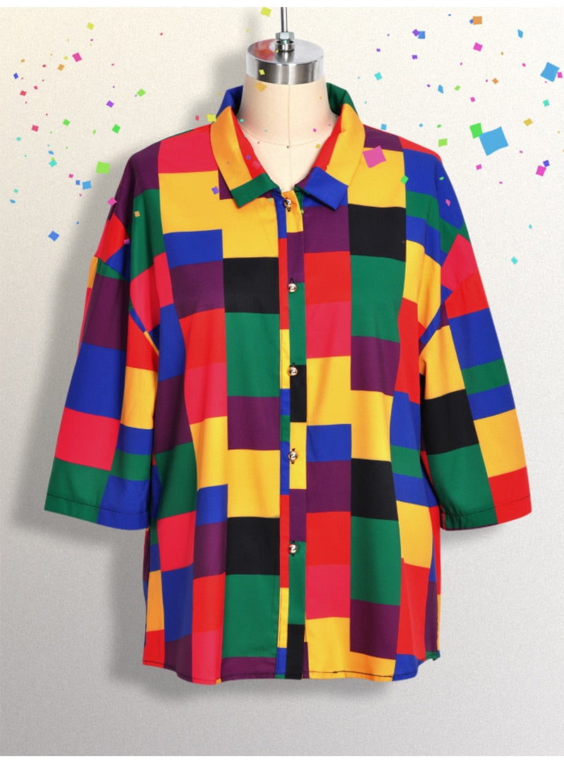 Billlnai 2023 Womens Blouse Top Geometric patterns Colorful Harajuku Preppy Young Girls Vintage Shirt Streewear Summer Women Loose Clothes