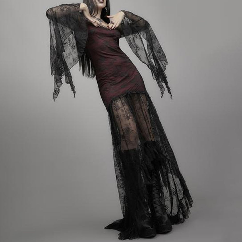 Billlnai Sexy Lace Long Dresses Gothic Women's Dress Spring Summer Fashion Brand Designer See Through Mesh Vintage Flared Sleeves