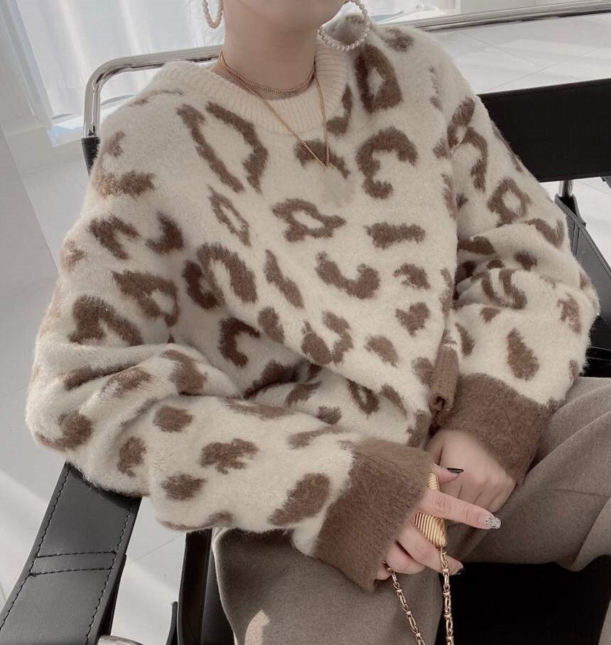 Vintage Leopard Loose O-Neck Women Sweater Knit Tops Long Sleeves Pullover Mohair Soft Knitting pull femme 2023 Autumn Winter