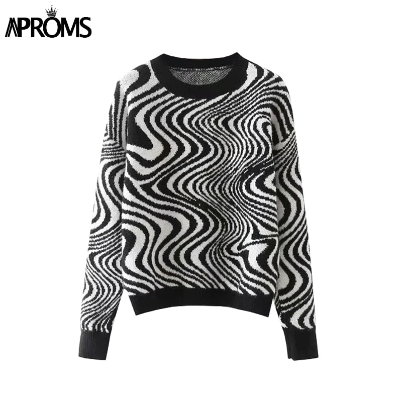 Aproms Elegant Black White Striped Print Knitted Sweaters Women 2023 Winter Long Sleeve Soft Warm Pullovers Female Ribbed Jumper