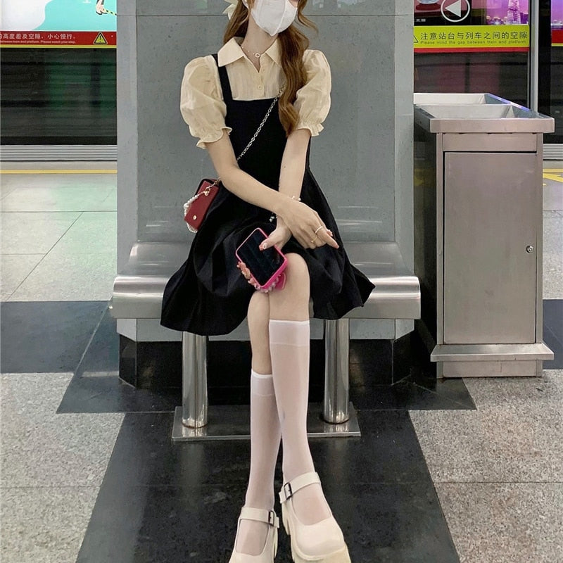 Billlnai 2023 Fake Two Piece Dress Women  Summer Kawaii Clothes Y2k Mini Dress Lolita Female Korean Fashion Party Vintage Black Dress Chic