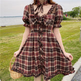 Japanese girl sweet retro square collar French Lolita daily plaid high waist bubble sleeve dress bowknot cute dresses summer