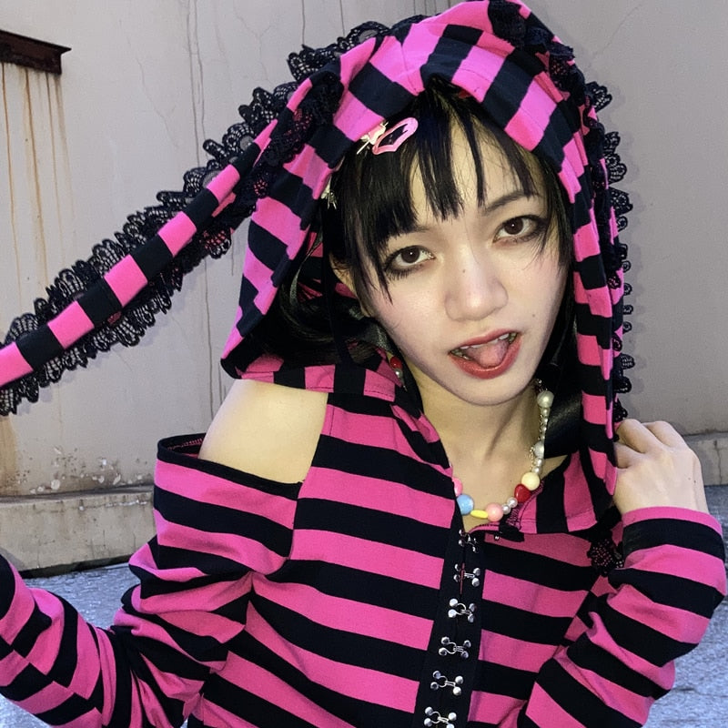 Japanese Pink Black Striped Hoodie Harajuku Y2k Sweet 2000s Pink Print Long Sleeve Egirl Ears Hooded Alt Gothic Punk Emo Clothes