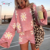 Billlnai Knitted Women's 2 Piece Sets Outfits Casual Pink Floral Sweet Oversized Sweater Suit With Shorts For Women 2023 Tracksuit