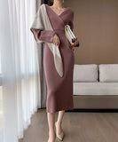 2023 Women's Autumn Winter New Retro Temperament V-neck Sexy Backless Slim Knitted Dress