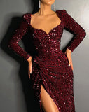 Thanksgiving Day Gifts 2023 Winter New Style Women's Long Sleeve Sequins Split Full Dresses Sexy Burgundy Tail Evening Dress