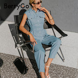 BerryGo Retro sleeveless high waist slim woman overalls Cool ankle banded jumpsuit romper Pockets grey spring summer playsuit